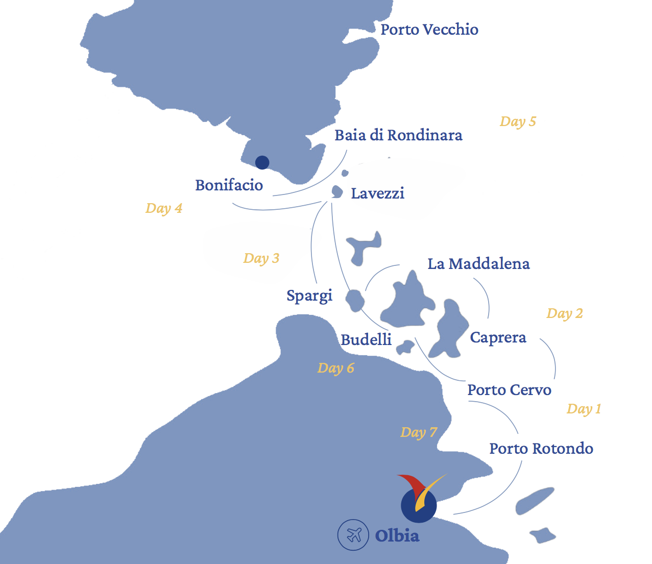 Mappa itinerario 7 giorni in barca a vela in Sardegna e Corsica con Spartivento Charter