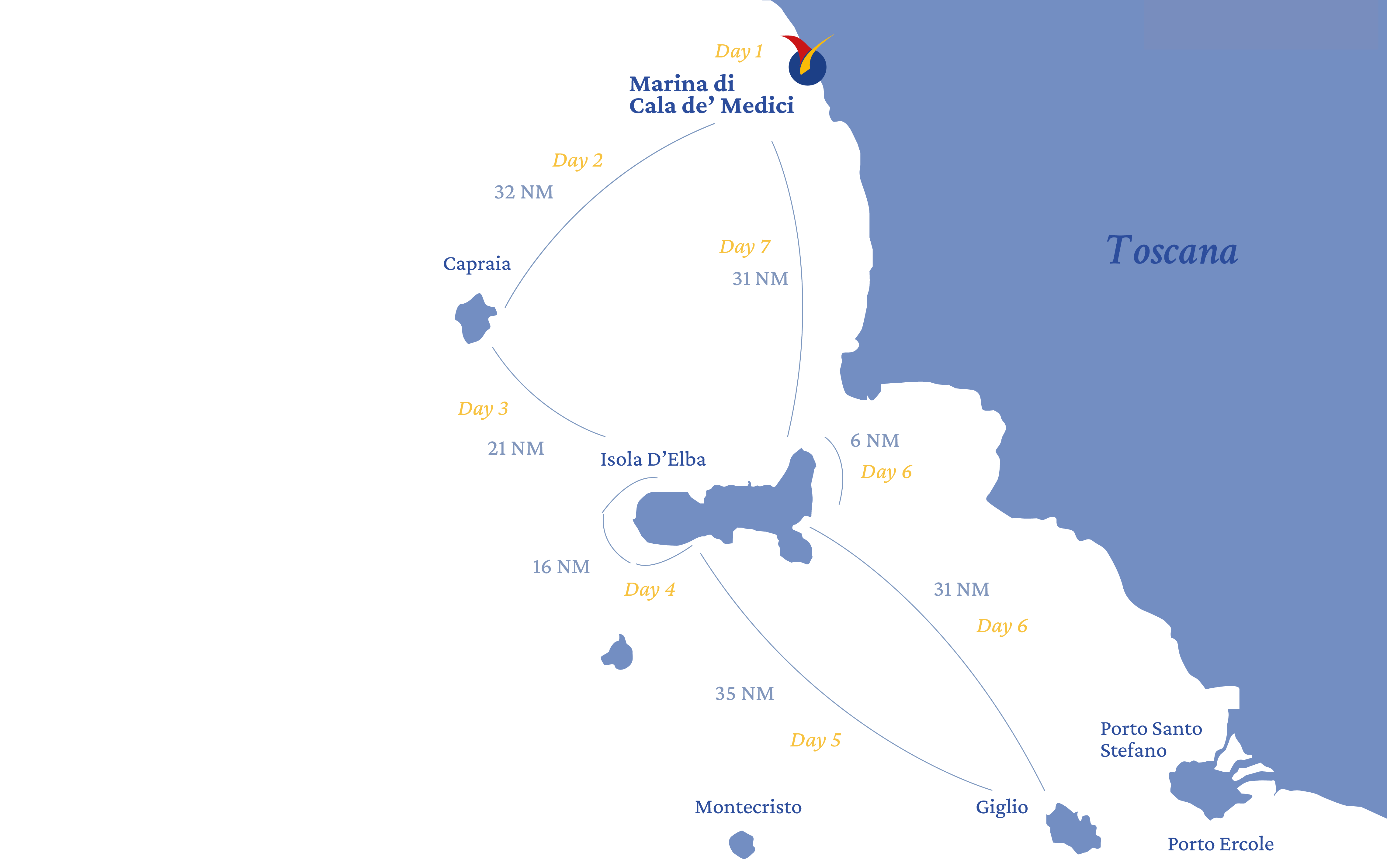 Mappa itinerario 7 giorni in barca a vela per l'Arcipelago Toscano con Spartivento Charter
