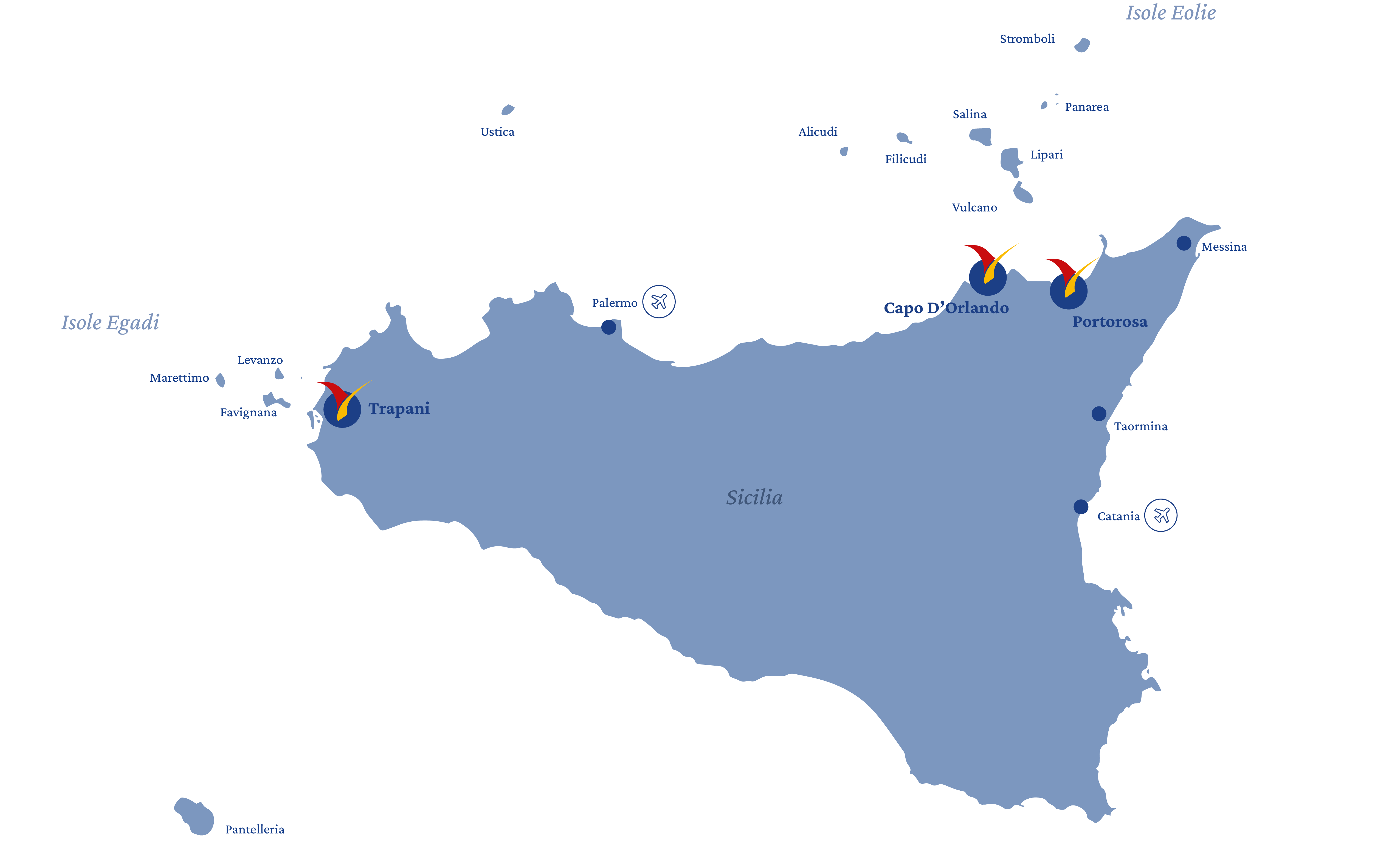 Mappa itinerario 7 giorni in barca a vela in Sicilia con Spartivento Charter